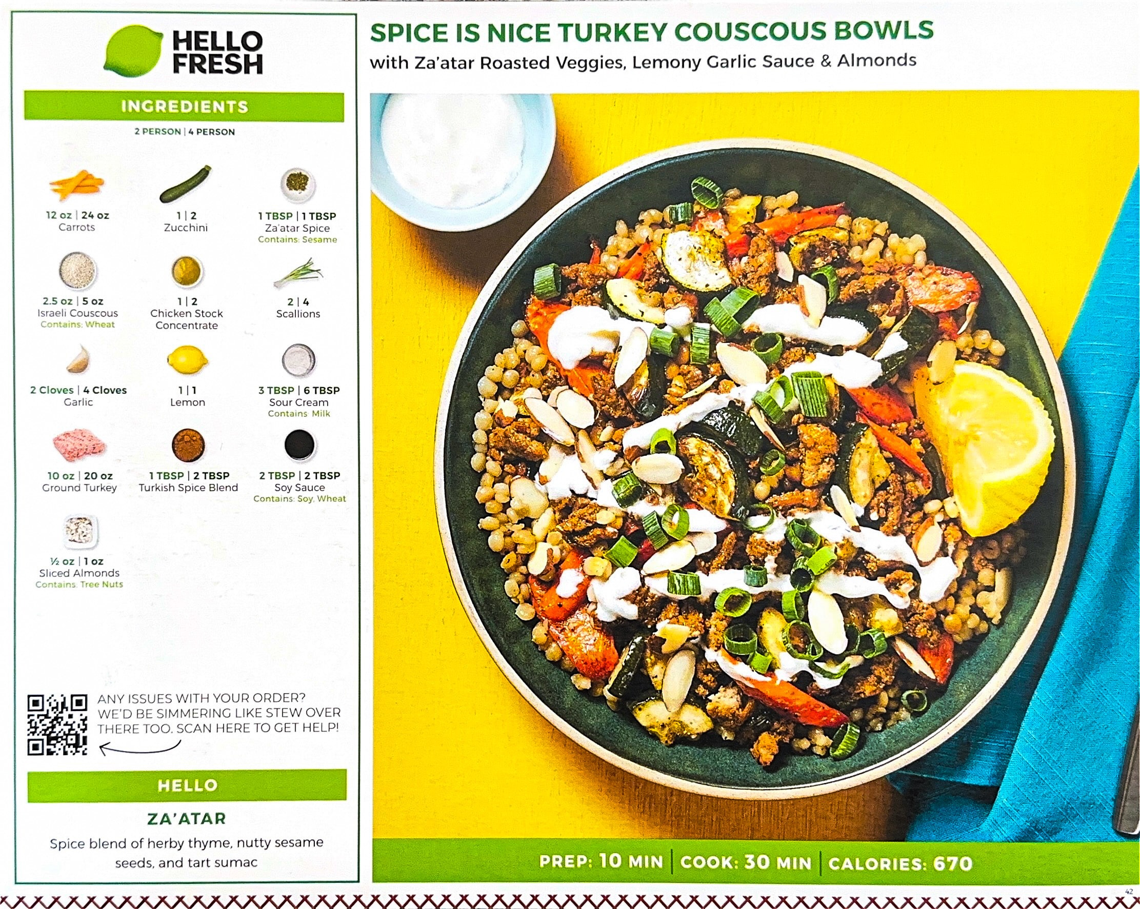 HelloFresh’s Spice is Nice Turkey Couscous Bowls with Za’atar Roasted Veggies, Lemony Garlic Sauce & Almonds