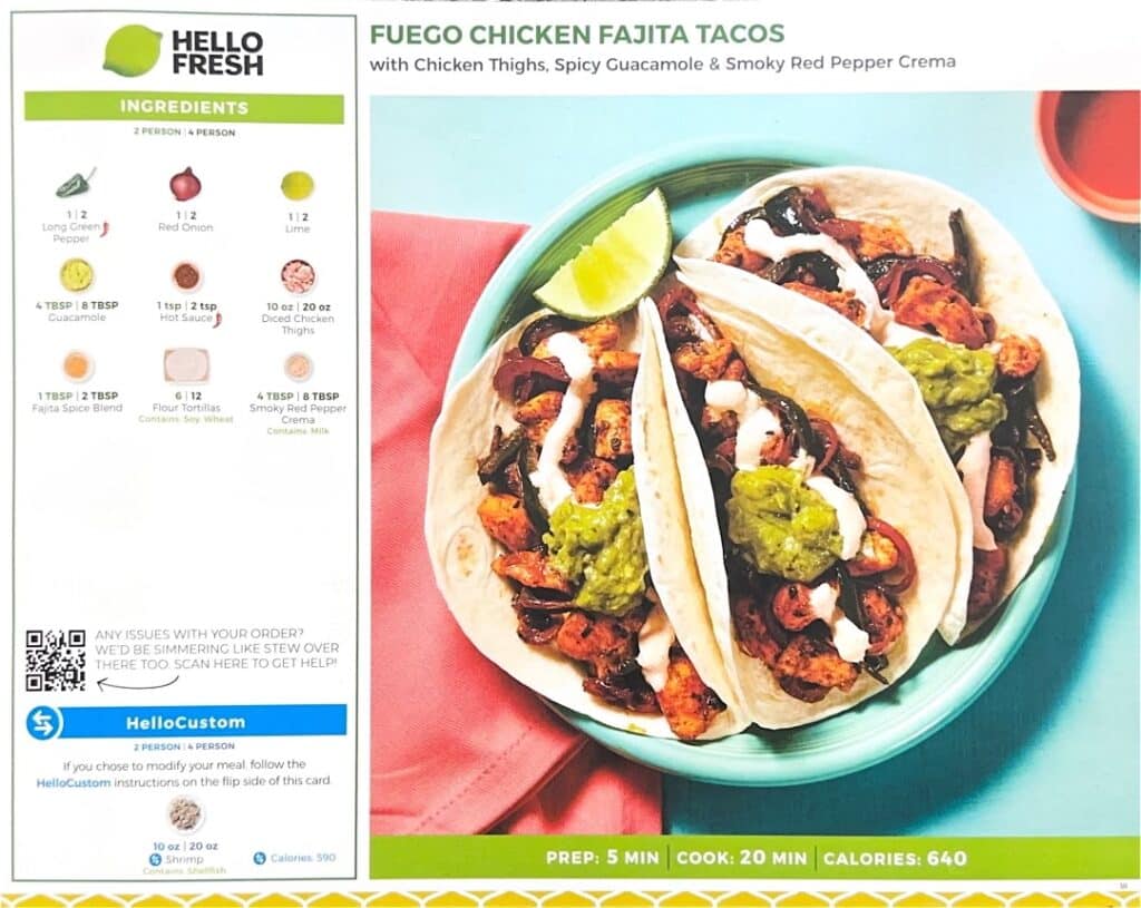 HelloFresh Fuego chicken fajita taco recipe card