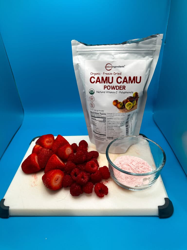 Strawberries, raspberries, and camu camu powder