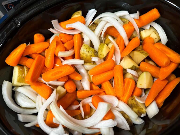 Carrots, onions, and potatoes in crockpot