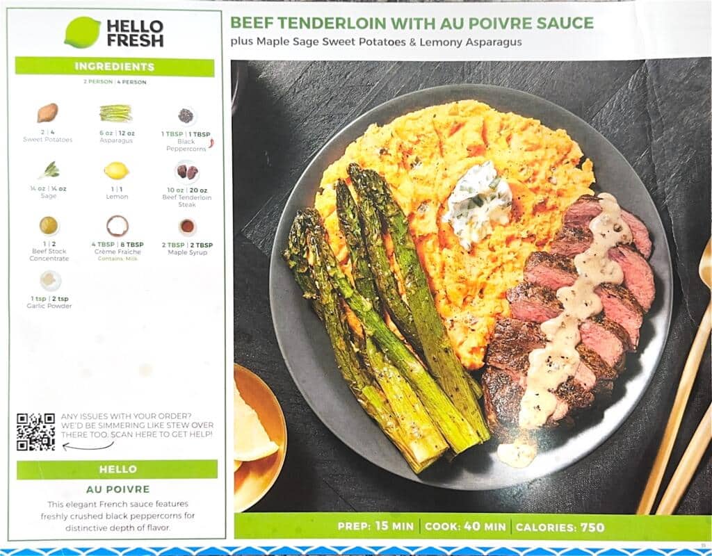 HelloFresh's Beef Tenderloin with Au Poivre Sauce plus Maple Sage Sweet Potatoes & Lemony Asparagus